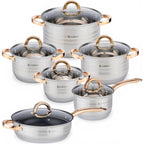Batería de Cocina 12 Piezas, Juego de ollas en Acero Inoxidable con Tapas Apta para Todo Tipo de Cocinas Incluyendo Inducción